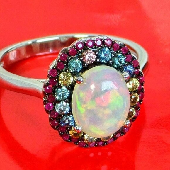925 Sterling Silver Ring Sz 6.75 with Natural White Opal 10x7mm & Sapphire Gem - Picture 3 of 9